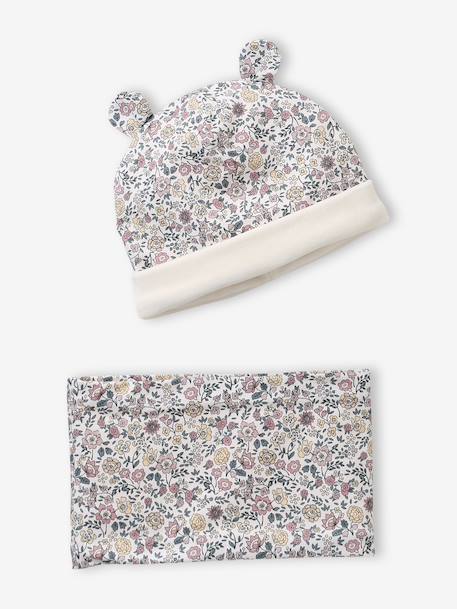 Babyset muts en snood baby met bloemenprint, gevoerd met sherpa roze, bedrukt - vertbaudet enfant 