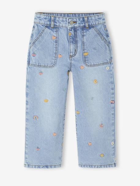 Jean fille large motifs brodés bleu clair - vertbaudet enfant 