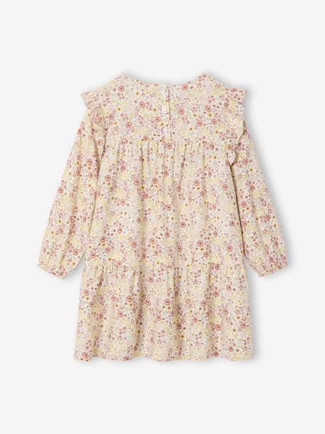 Bedrukte jurk met ruches voor meisjes ecru+marineblauw+saliegroen+vanille - vertbaudet enfant 