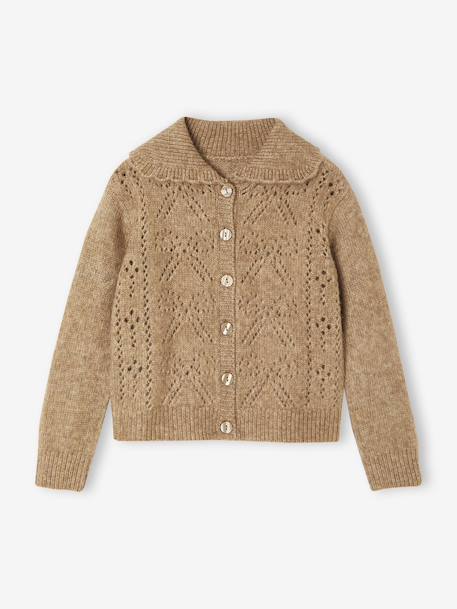 Gilet fille maille ajourée noeuds fantaisie moka - vertbaudet enfant 