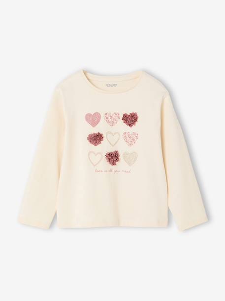 T-shirt fille animation coeur fille manches longues blush+écru - vertbaudet enfant 