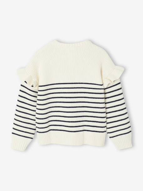 Pull fille brodé manches volantées écru+rayé marine+rouge - vertbaudet enfant 