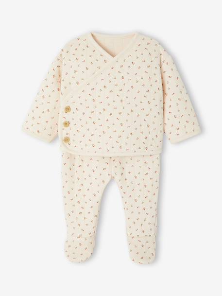 Gewatteerde set vest + broek met voetjes volledig bedrukt ecru+rozen - vertbaudet enfant 