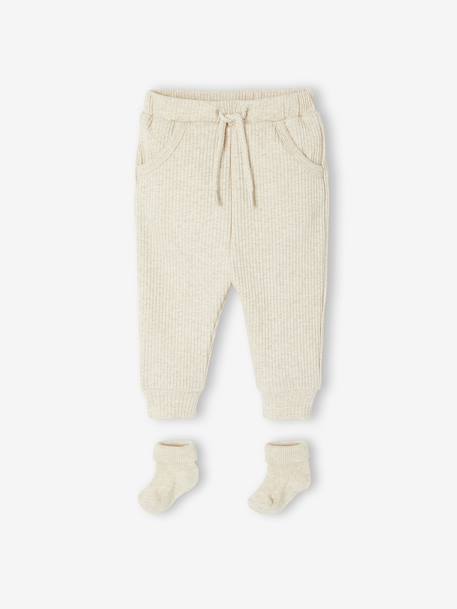 Ensemble uni pantalon et paire de chaussettes beige chiné - vertbaudet enfant 