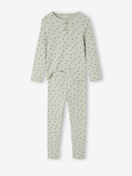 Pyjama in ribstof met tuniekkraag en bloemenmotieven saliegroen - vertbaudet enfant 