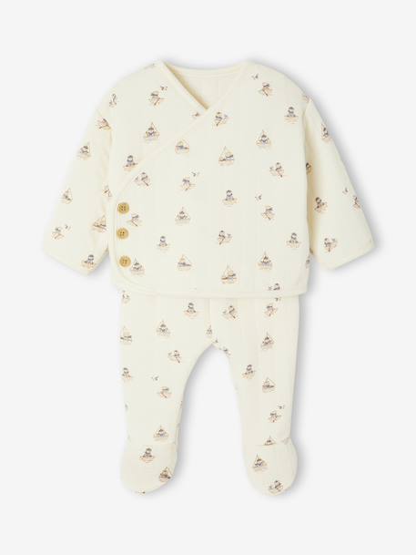 Gewatteerde set vest + broek met voetjes volledig bedrukt ecru+rozen - vertbaudet enfant 