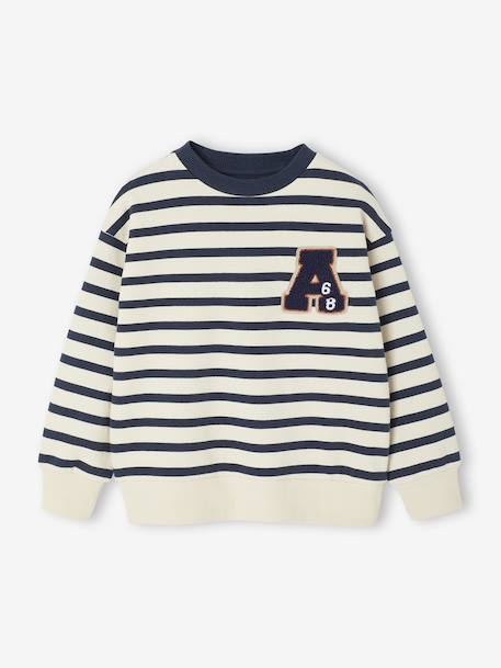 Groot gestreept jongenssweatshirt met badge in bouclé blauw, gestreept - vertbaudet enfant 