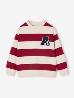 Jongens-Trui, vest, sweater-Sweater-Groot gestreept jongenssweatshirt met badge in bouclé