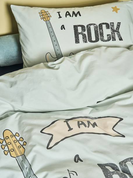 Parure housse de couette + taie d'oreiller enfant ROCK MUSIC, avec coton recyclé vert sauge - vertbaudet enfant 