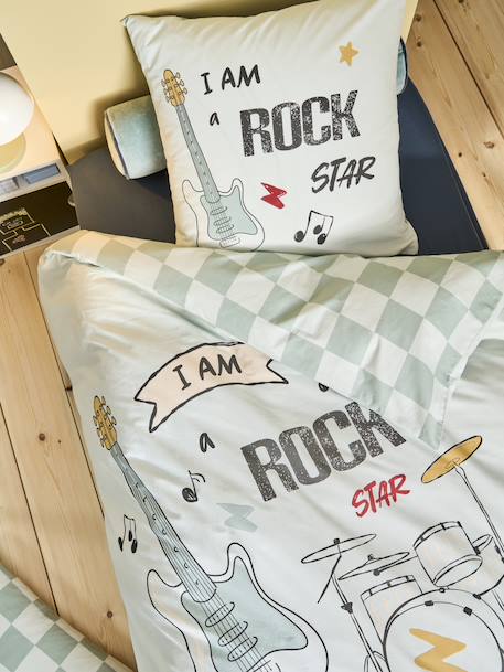 Parure housse de couette + taie d'oreiller enfant ROCK MUSIC, avec coton recyclé vert sauge - vertbaudet enfant 