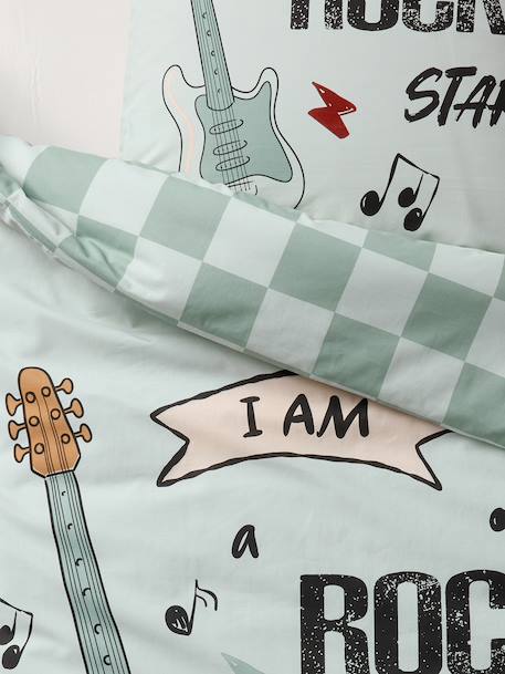Parure housse de couette + taie d'oreiller enfant ROCK MUSIC, avec coton recyclé vert sauge - vertbaudet enfant 