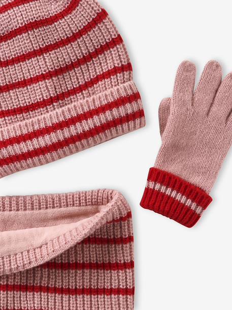 Ensemble rayé fille bonnet + snood + moufles/gants blush - vertbaudet enfant 