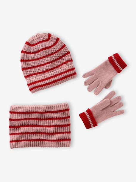 Ensemble rayé fille bonnet + snood + moufles/gants blush - vertbaudet enfant 