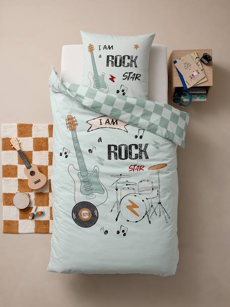 Parure housse de couette + taie d'oreiller enfant ROCK MUSIC, avec coton recyclé vert sauge - vertbaudet enfant 