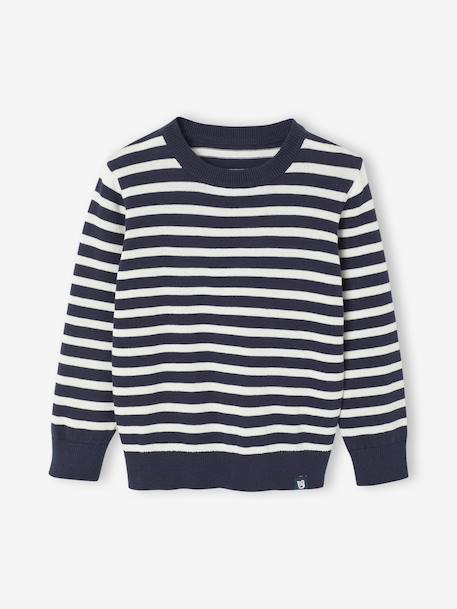 Pull Basics col rond manches longues garçon marine+rayé bleu - vertbaudet enfant 