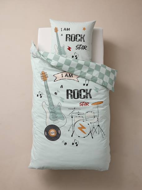 Parure housse de couette + taie d'oreiller enfant ROCK MUSIC, avec coton recyclé vert sauge - vertbaudet enfant 