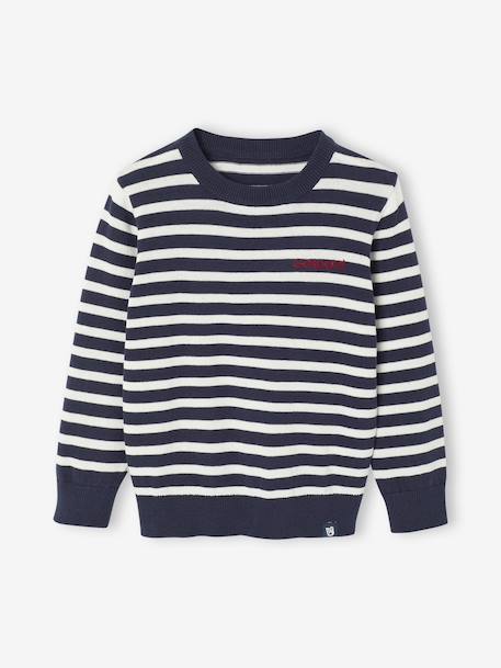 Pull Basique Col Rond Manches Longues Garçon marine+rayé bleu - vertbaudet enfant 