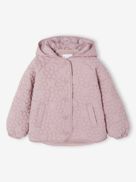 Doudoune fille légère à capuche motifs fleurs mauve+vert de gris - vertbaudet enfant 