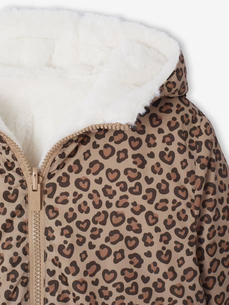 Coupe-vent fille à capuche réversible léopard/sherpa beige - vertbaudet enfant 
