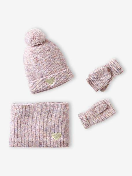 Ensemble fille bonnet, snood, moufles/mitaines avec badge coeur écru+marine+rose poudré - vertbaudet enfant 