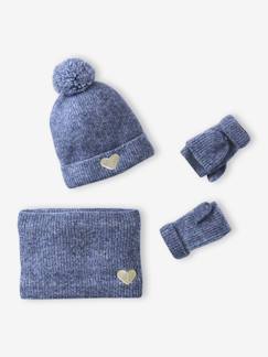 -Ensemble fille bonnet, snood, moufles/mitaines avec badge coeur