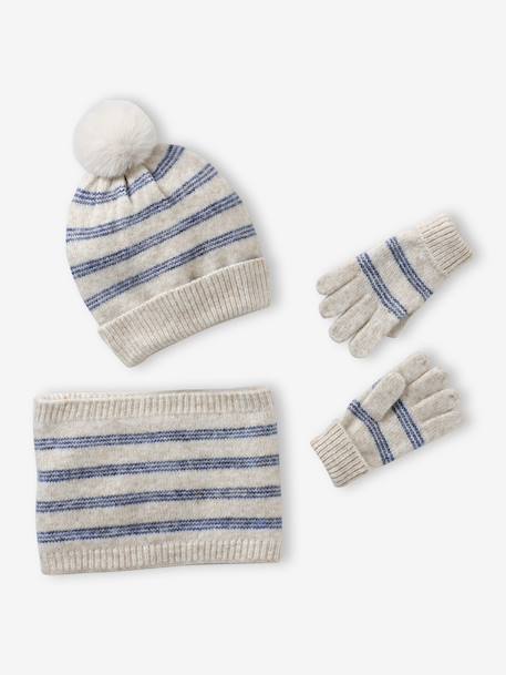Ensemble rayé fille bonnet + snood + moufles/gants vanille - vertbaudet enfant 