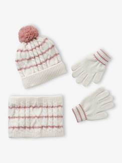 -Ensemble torsadé fille bonnet + snood + moufles/gants