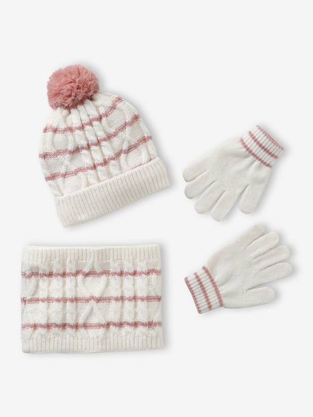 Ensemble torsadé fille bonnet + snood + moufles/gants écru - vertbaudet enfant 