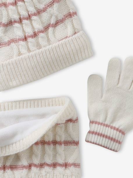 Ensemble torsadé fille bonnet + snood + moufles/gants écru - vertbaudet enfant 
