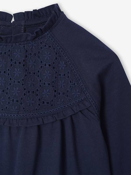 Tee-shirt blouse fille détail broderie anglaise manches longues écru+marine+mauve+vert foncé - vertbaudet enfant 