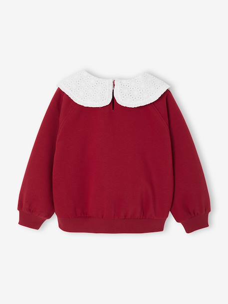 Sweat fille col claudine broderie anglaise écru+gris chiné+mauve+rose pâle+rouge - vertbaudet enfant 