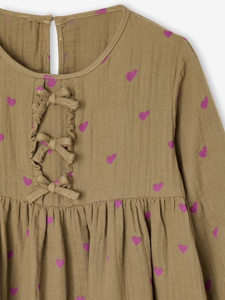 Robe en gaze de coton avec noeuds fantaisie fille écru+olive - vertbaudet enfant 