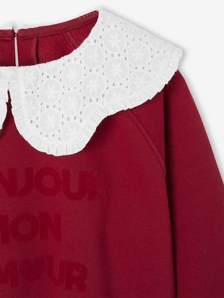 Sweat fille col claudine broderie anglaise écru+gris chiné+mauve+rose pâle+rouge - vertbaudet enfant 