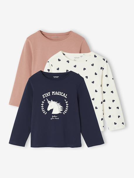 Set van 3 BASICS meisjesshirts met lange mouwen antraciet+groengrijs+koraal+roze (poederkleur) - vertbaudet enfant 