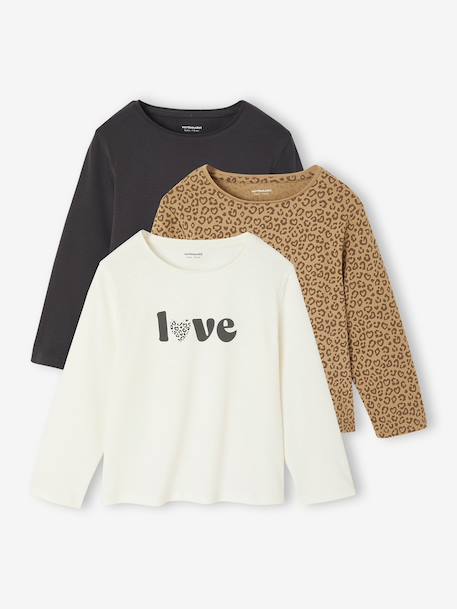 Set van 3 BASICS meisjesshirts met lange mouwen antraciet+groengrijs+koraal+roze (poederkleur) - vertbaudet enfant 