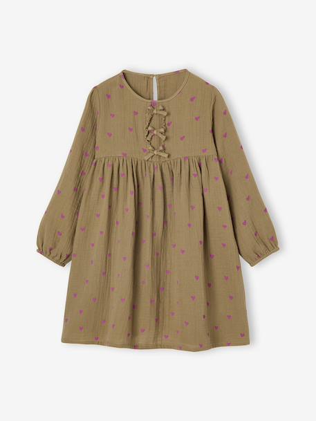 Robe en gaze de coton avec noeuds fantaisie fille écru+olive - vertbaudet enfant 