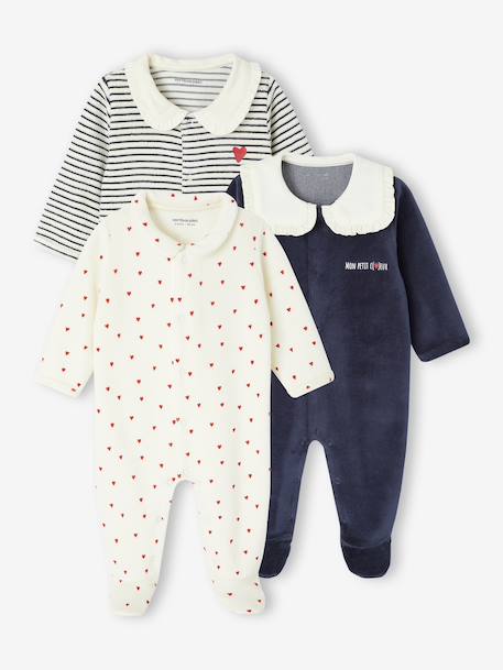 Lot de 3 pyjamas bébé fille 'coeurs' en velours bleu nuit - vertbaudet enfant 