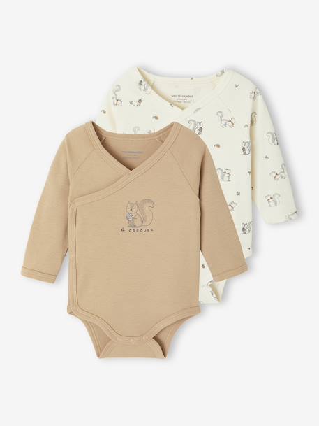 Lot de 2 bodies bébé ouverture naissance manches longues beige+rose+vert d'eau - vertbaudet enfant 