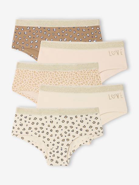Set van 5 shorty's voor meisjes met luipaardprint en hartjes ecru - vertbaudet enfant 