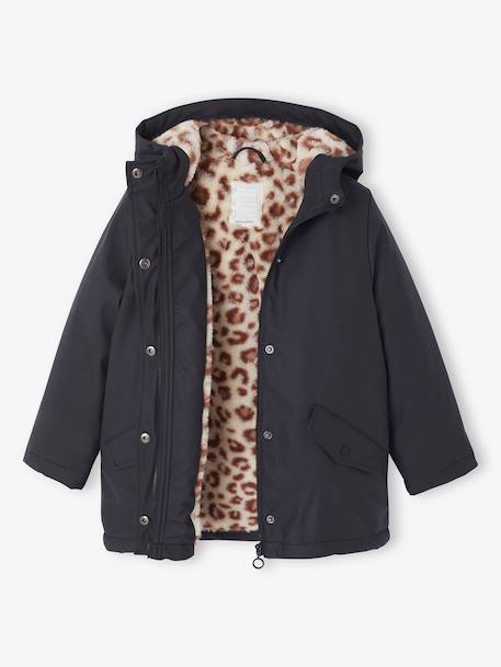 Regenjas voor meisjes met capuchon en sherpa voering antraciet+indigoblauw+lichtroze - vertbaudet enfant 