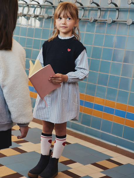 Robe-chemise fille effet 2 en 1 écru+gris chiné+marine - vertbaudet enfant 