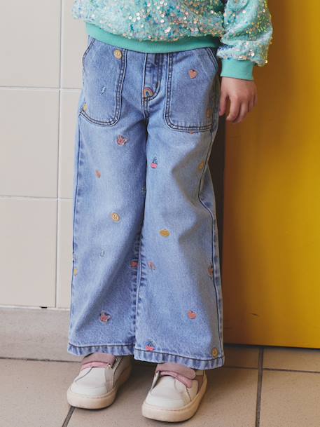 Jean fille large motifs brodés bleu clair - vertbaudet enfant 