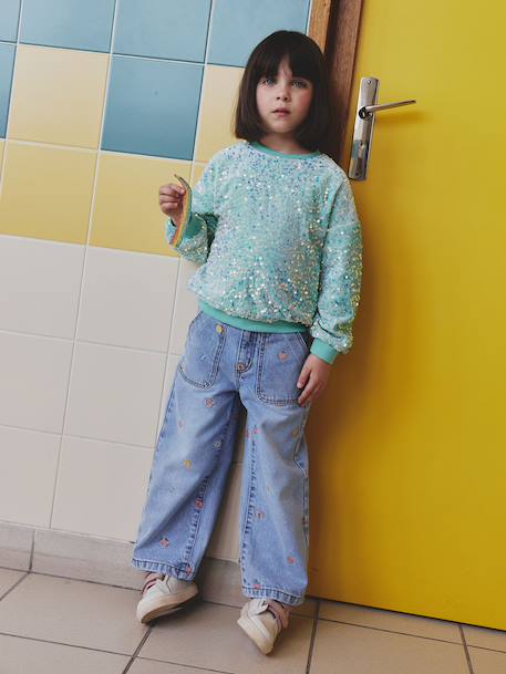 Jean fille large motifs brodés bleu clair - vertbaudet enfant 