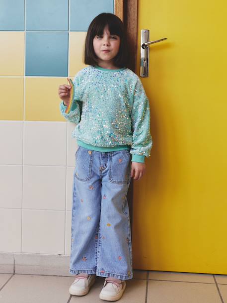 Sweat fille à sequins turquoise - vertbaudet enfant 