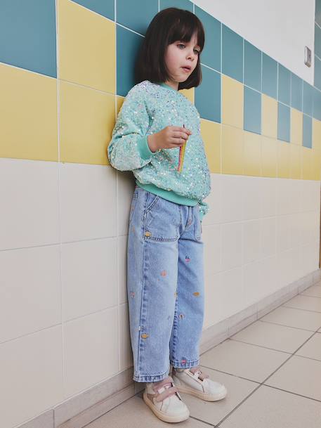 Jean fille large motifs brodés bleu clair - vertbaudet enfant 