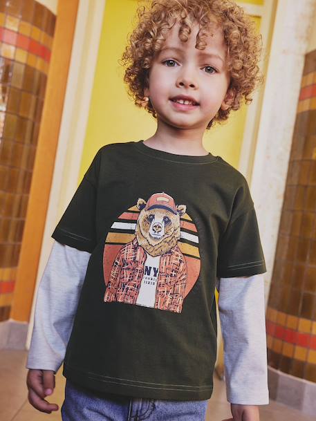 Jongensshirt met dubbele mouwen blauw+gemêleerd wit+ijsblauw+kaki+marineblauw+nachtblauw - vertbaudet enfant 