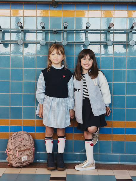 Robe-chemise fille effet 2 en 1 écru+gris chiné+marine - vertbaudet enfant 