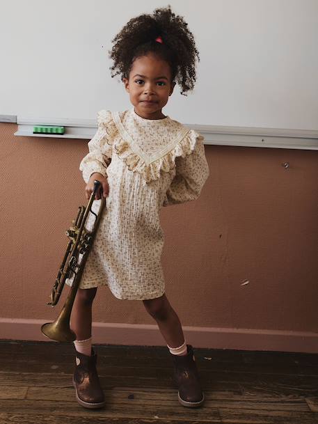 Robe fille gaze de coton imprimée fleurs écru - vertbaudet enfant 
