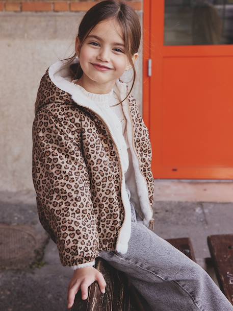 Fille-Manteau, veste-Coupe-vent fille à capuche réversible léopard/sherpa