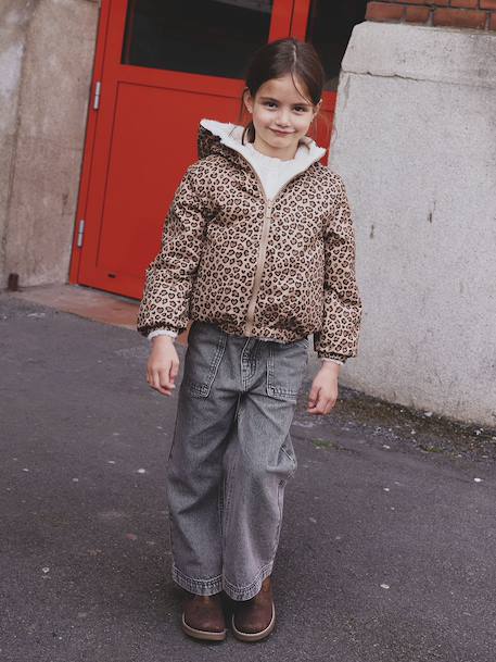 Coupe-vent fille à capuche réversible léopard/sherpa beige - vertbaudet enfant 